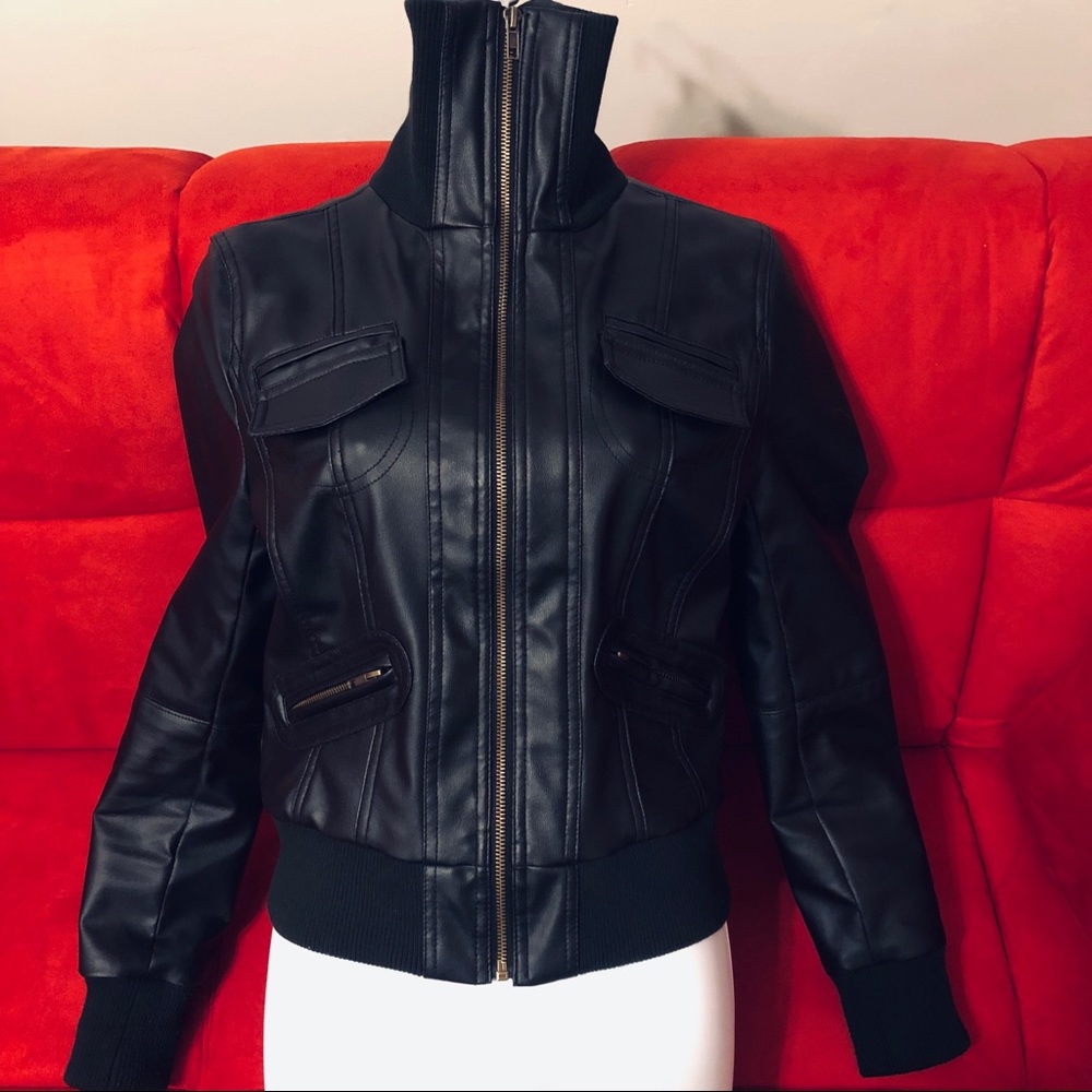 Black Small Faux Leather Bomber Jacket